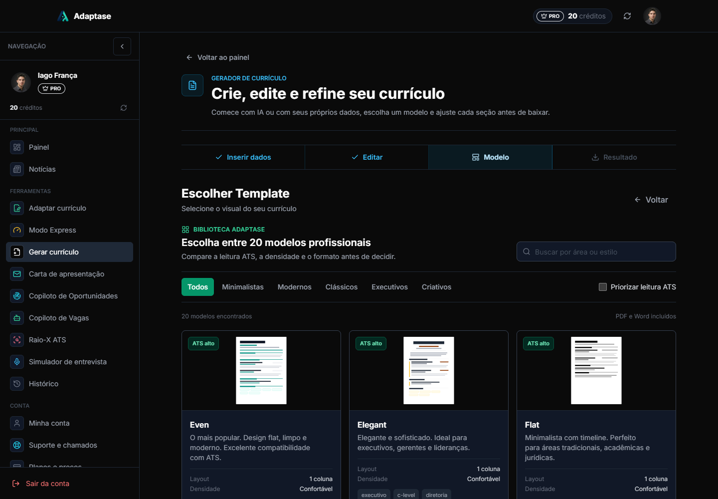 Editor de currículo da Adaptase com modelo e prévia do documento